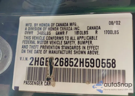2002 Honda Civic Ex from USA, damaged, VIN 2HGES26852H590558